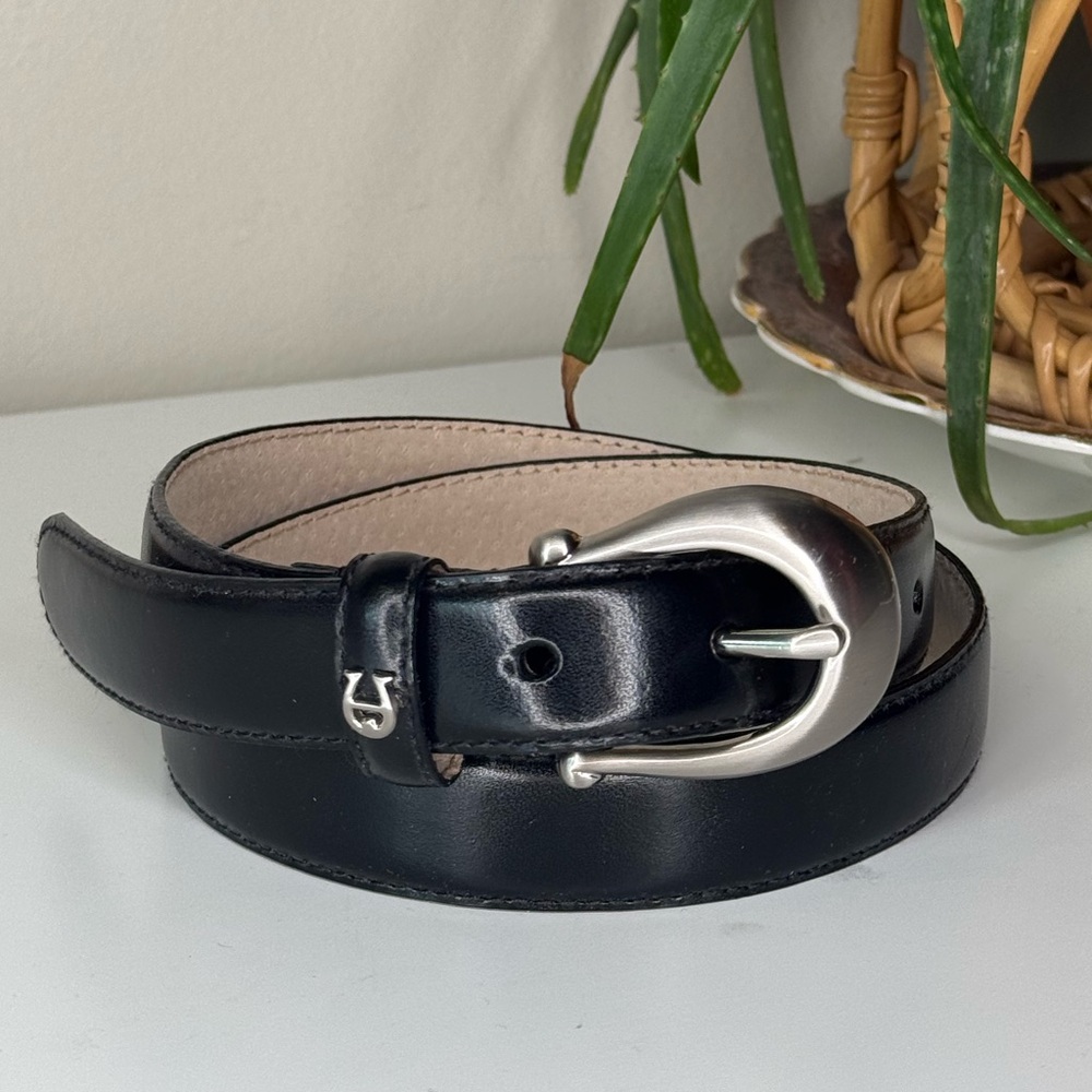 Vintage Etienne Aigner Black Leather Equestrian Belt Silver Minimalist Y2K S